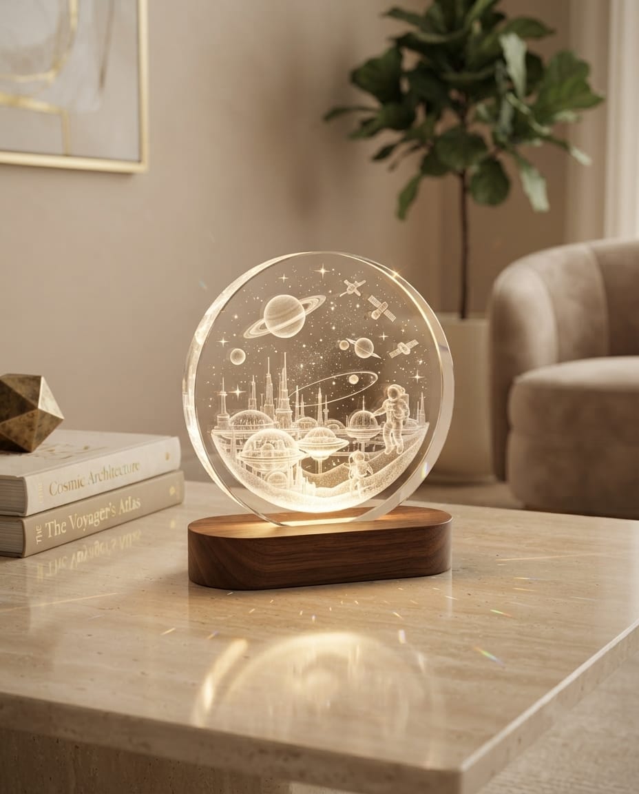 3D Crystal Space  Night Lamp with Wooden Base.