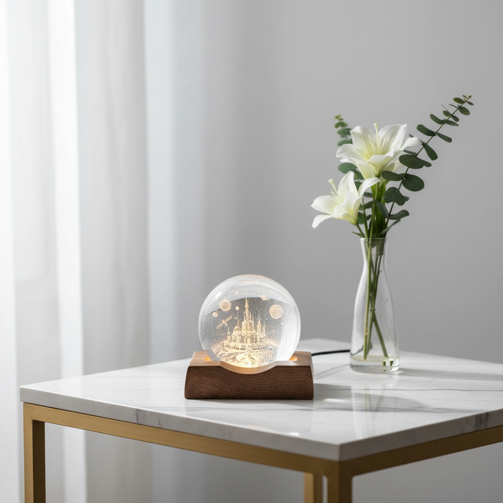 3D Crystal Space  Night Lamp with Wooden Base.