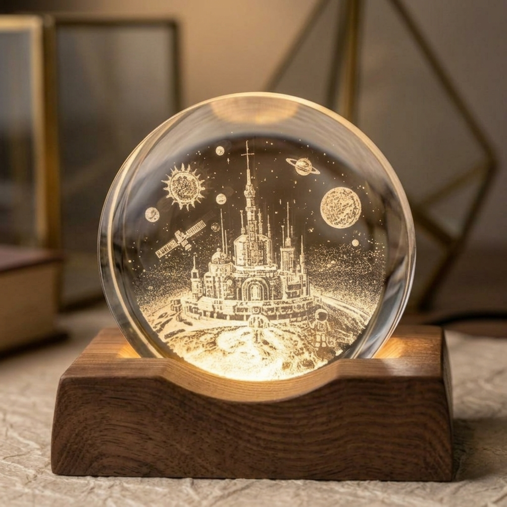 3D Crystal Space  Night Lamp with Wooden Base.