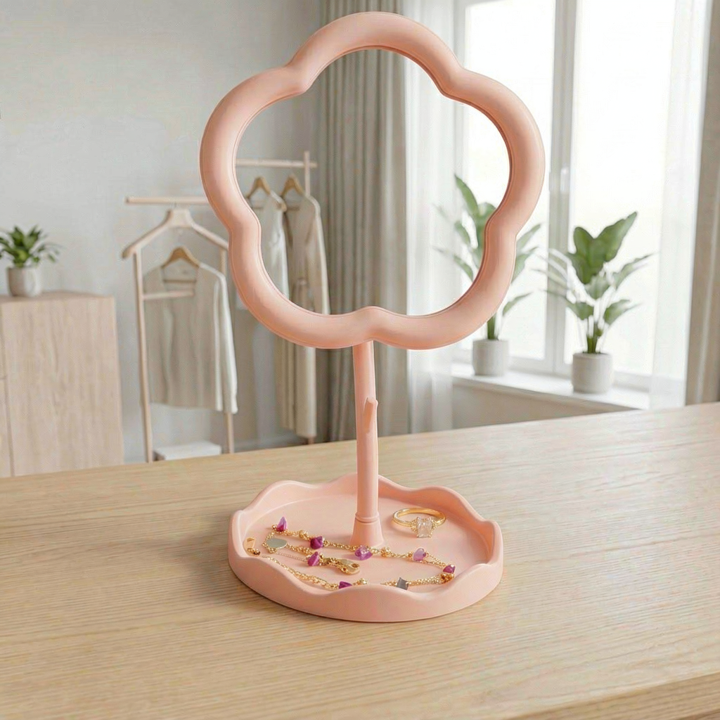 Flower Shaped Makeup Mirror With Tray for SideTable