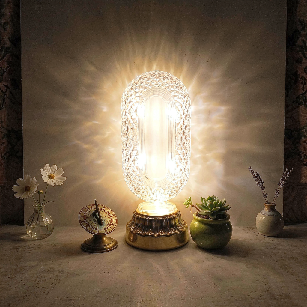 Crystal Table Lamp - Oval Rechargeable Night Light with USB Port